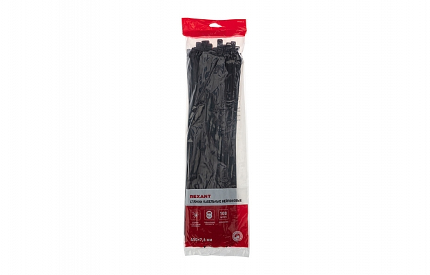 07-0451-8 Хомут-стяжка кабельная нейлоновая REXANT 450 x7,6 мм, черная, упаковка 100 шт. внешний вид 2