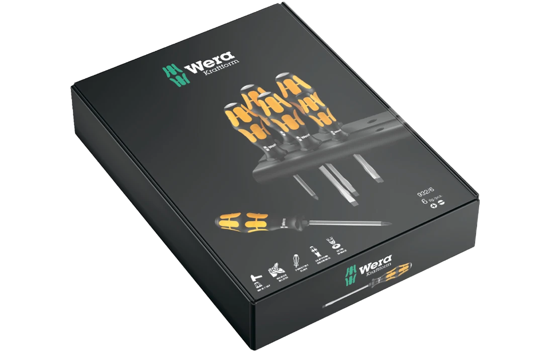 WE-018282	932/6 Набор отвёрток силовых с подставкой, 6 пр., PH 1x80/2x100, SL 0.6x3.5x80/0.8x4.5x90/1x5.5x100/1.2x7.0x125 2