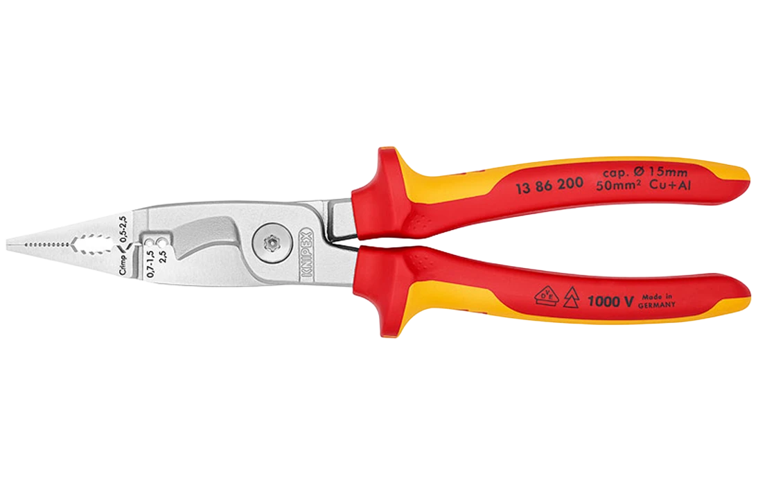 KN-1386200	Клещи электромонтажные VDE, 6-в-1, 200 мм, хром, 2-комп диэлектрические ручки