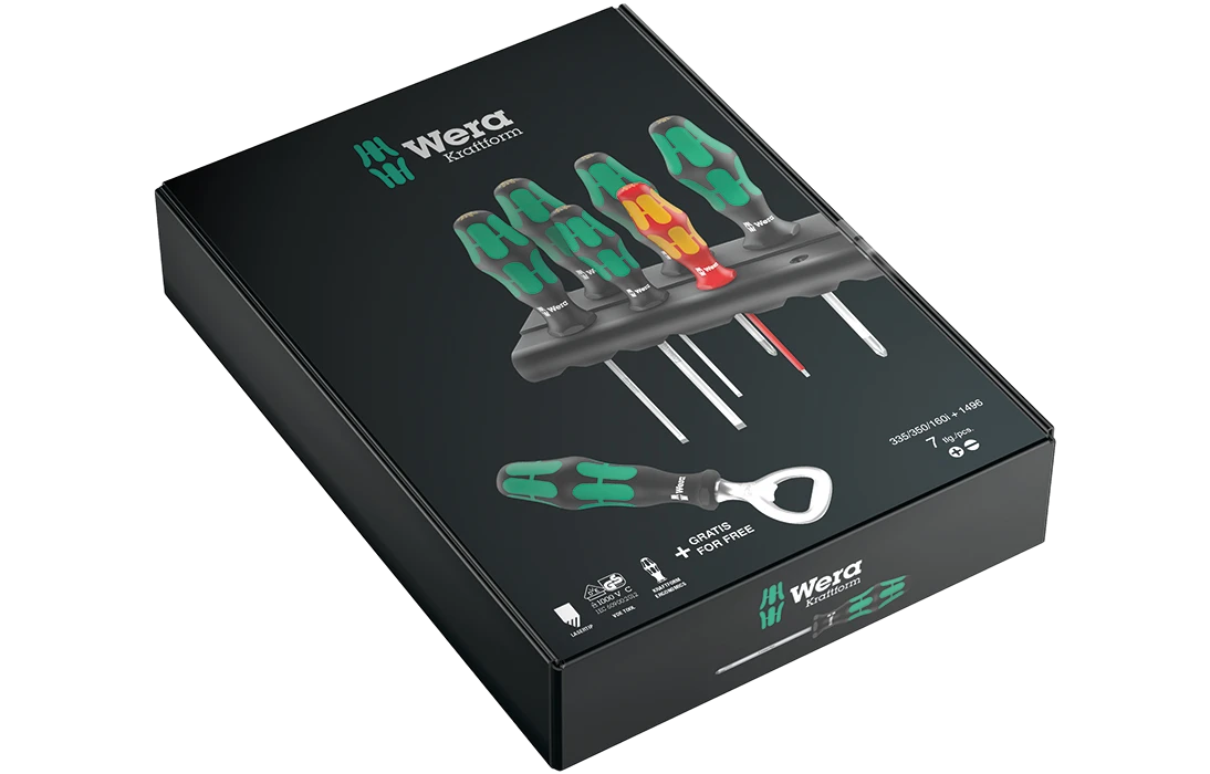 WE-203775	Промо-набор: 350/335/160i/7 Набор отвёрток + подставка + открывалка, 7 пр., PH 1-2, SL 3-4-5.5, SL VDE 2.5