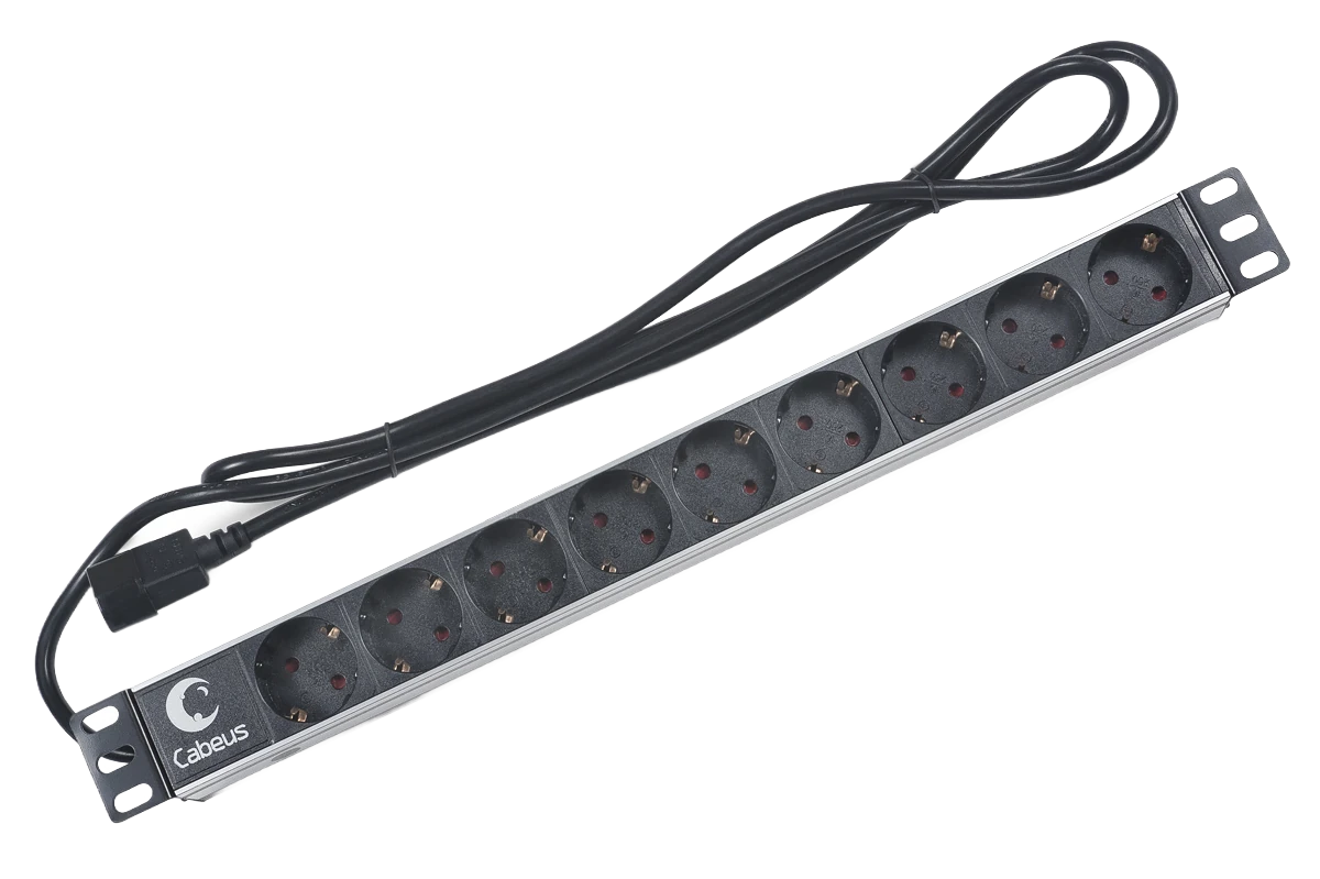 Cabeus PDU-9P-2IEC Блок евророзеток для 19' шкафов, горизонтальный, 9 розеток, 10 A, без выключателя, алюминиевый корпус, шнур 2 м, вилка IEC 320 C14 