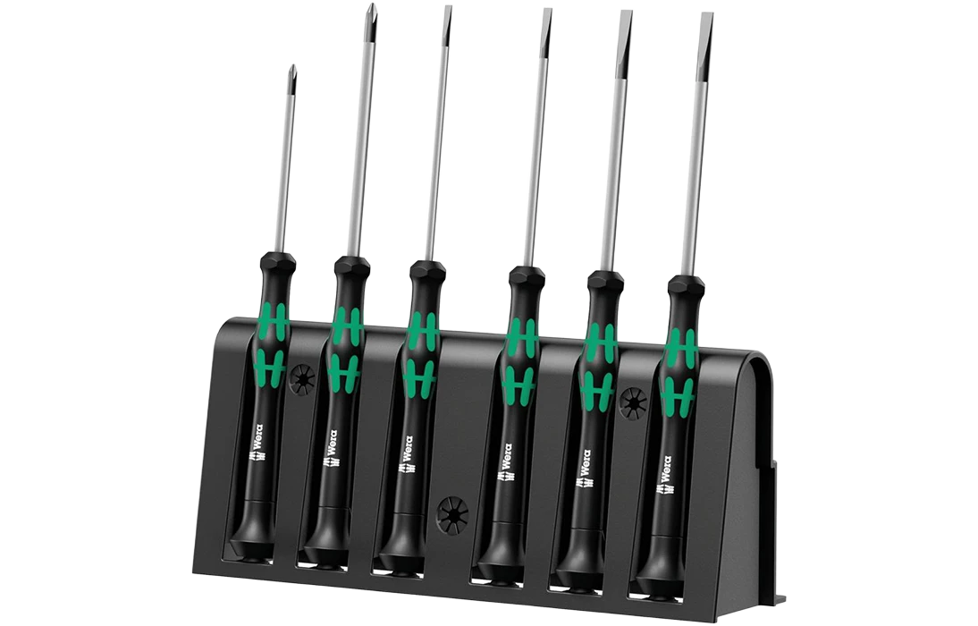 WE-118152	2035/6 B Kraftform Micro Набор отвёрток прецизионных + подставка, 6 пр., PH 0x60/1x80, SL 0.40x2.5x80/0.50x3.0x80/0.60x3.5x80/0.80x4.0x80