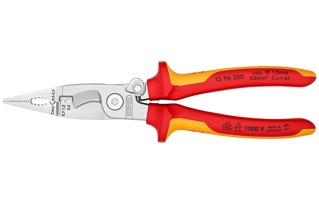 KN-1396200	Клещи электромонтажные VDE, 6-в-1, 200 мм, защёлка-"собачка", хром, 2-комп диэлектрические ручки