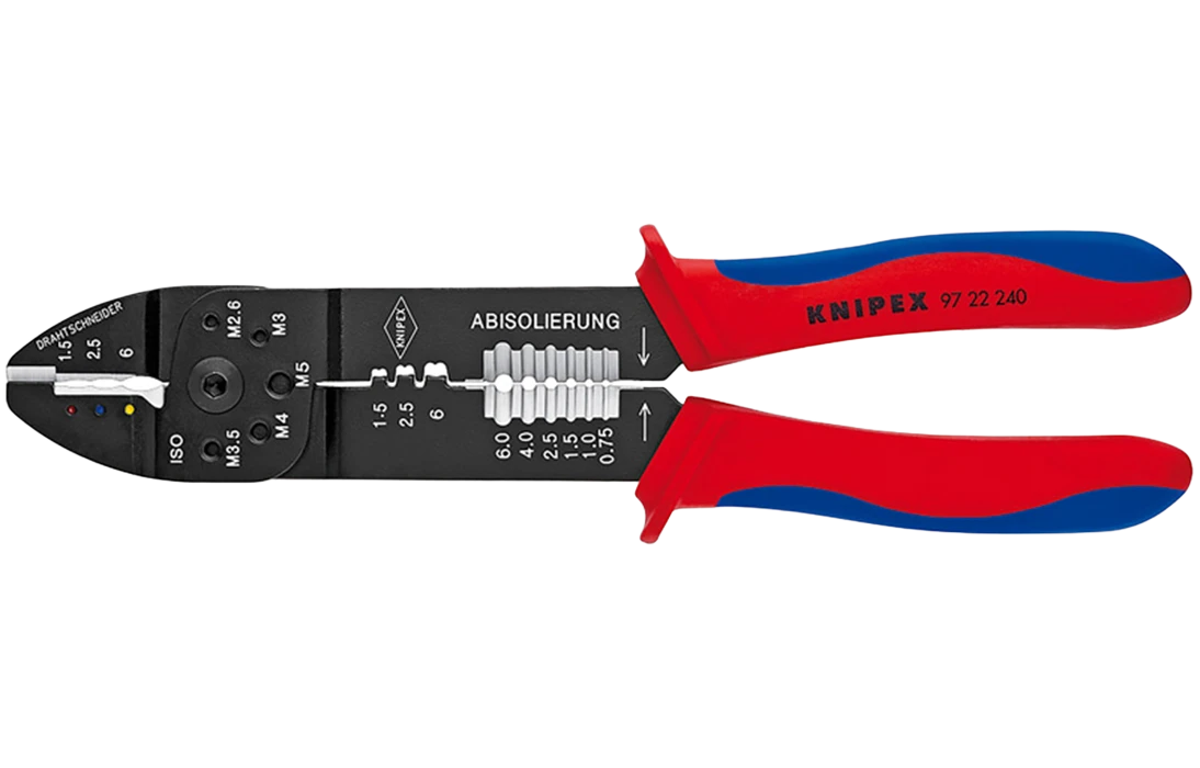 KN-9722240	Пресс-клещи, 3 гнезда, изол. кабельные наконечники и соединители 0.5-6.0 мм², неизол. открытые штекеры 6.3 мм: 0.5-2.5 мм², 240 мм